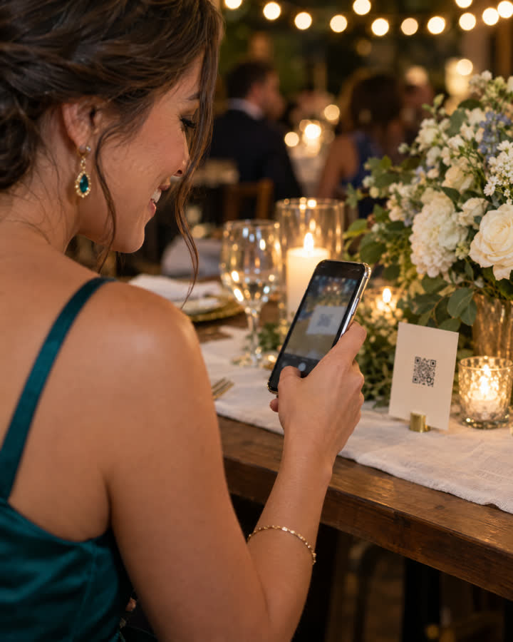 A guest scanning a QR code card on a reception table